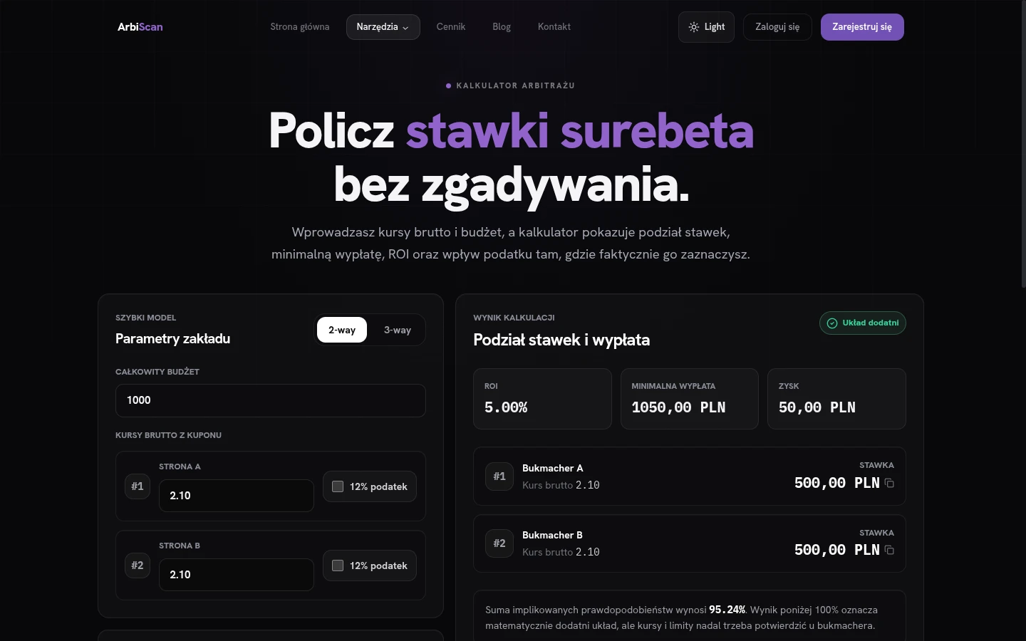 Kalkulator stawek ArbiScan